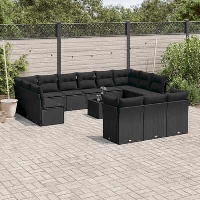 vidaXL - 14-delige - Loungeset - met - kussens - poly - rattan - zwart