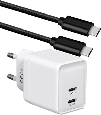 Usb C Snellader 35w 2 Poorten + usb C Kabel 2M Stevig Nylon Zwart - Usb C Oplader voor Galaxy S26 Ultra, S26+, S26, S25 Ultra, S25+, S25, S24 Ultra, S24+, S24, S23 Ultra, S23+, S23