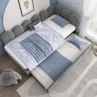 Slaapbank Met Uitschuifbed 90x200 - Kinderbed Grijs - Fluwelen Daybed