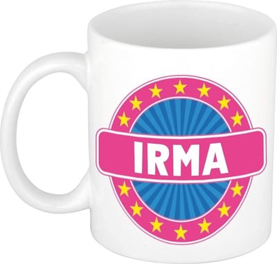 Bellatio Decorations - Irma voornaam - koffiemok - beker - wit/roze - 300 ml - Cadeau - Dames - Collega - Moederdag - Verjaardag