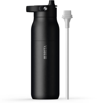 BRITA LARQ Essential drinkfles met rietje - Zwart - 1 liter - RVS waterfles, dubbelwandige isolatiefles (24 uur koud), met afneembaar soft-touch handvat, vaatwasmachinebestendig