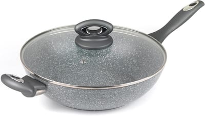 Wok Pan - Koekenpan Roerbak - Snel Koken - Marmeren Coating - 28 cm - Grijs