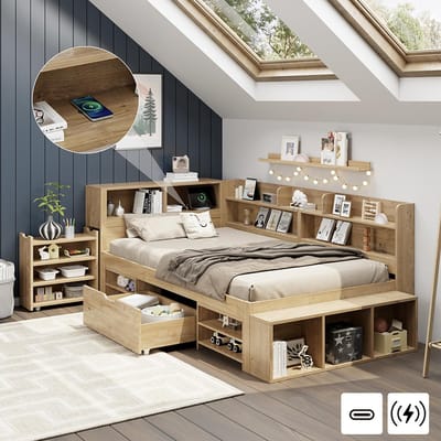 Gutent-Kinderbed 90 x 200 cm-opbergbed-massief houten bed-eenpersoonsbed-planken en opbergkasten-zonder matras-natuur