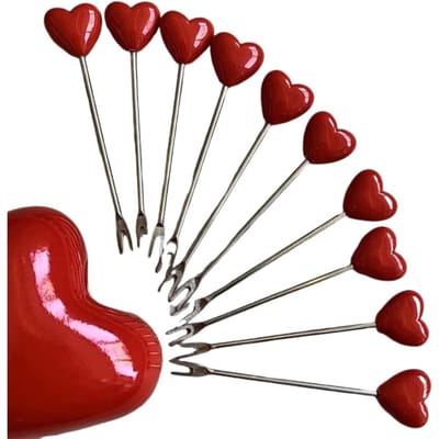 10-Pack - Creatieve fruitvork van roestvrij staal en kunststof - Decoratief mooi cadeau in pot - Met voet (rood liefdeshart)