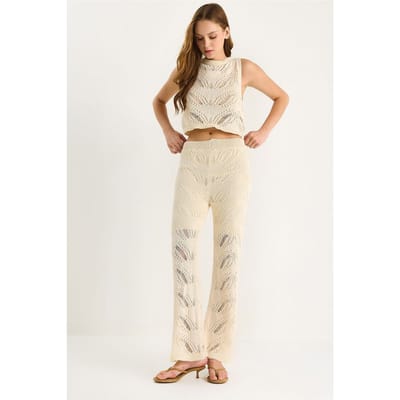 Textured Knitwear Twee-delige Coördinatie Set met Hoge Taille Flare Broek