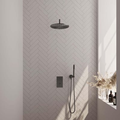 Brauer Gunmetal Carving Thermostatische Regendoucheset Inbouw - Hoofddouche 30 cm - Gebogen Wandarm - 3 Weg - Handdouche Staaf - Doucheslang - Wandaansluitbocht - Gunmetal