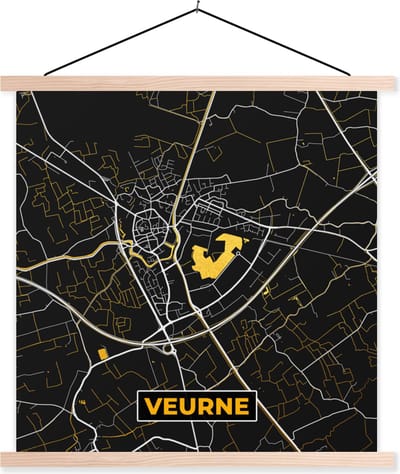 Posterhanger incl. Poster 40x40 cm - Schoolplaat - Veurne - Plattegrond - Kaart - Goud - Stadskaart - Textielposter - Blanke latten - Stadskaart