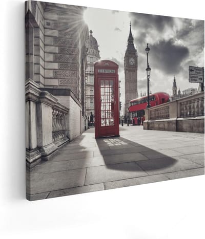 Artaza Canvas Schilderij Big Ben - 50x40 cm - Muurdecoratie Londen - Wanddecoratie Rode Bus - Schilderijen Op Canvas Skyline