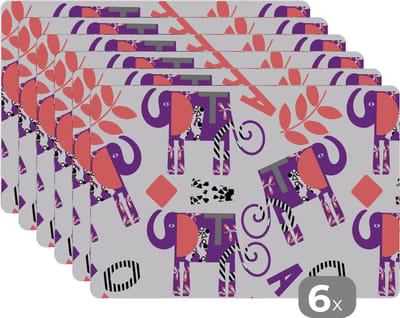Placemat - Placemats kunststof - Olifanten - Bladeren - Paars - Patroon - 45x30 cm - 6 stuks - Hittebestendig - Anti-Slip - Onderlegger - Afneembaar