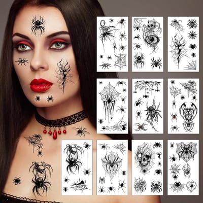 Tatoeages voor Halloween, spinnenontwerp, 10 vellen voor gezicht, tijdelijke tattoos voor carnaval, maskerade, punk, party, make-up, griezelfeest.
