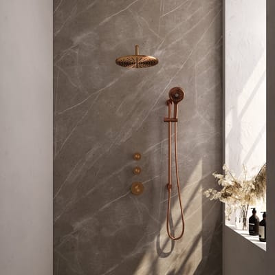 Brauer Copper Edition thermostatische inbouw regendouche SET 22 met 30 cm douchekop en gebogen muurarm en 3-standen handdouche en doucheslang en geïntegreerde glijstang koper geborsteld PVD