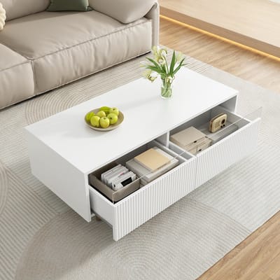Pugsdrly Deze moderne LED-salontafel heeft een golvend blad met lades, goudkleurige poten, twee lades en een LED-lichtstrip die van kleur verandert. Een bijpassend tv-meubel is ook verkrijgbaar.