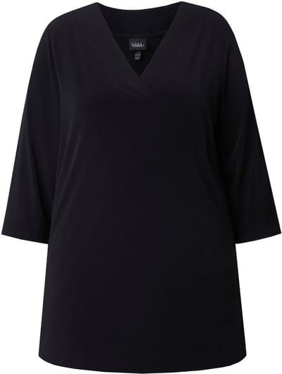 Ulla Popken - Dames - Longshirt A-lijn V-hals 3/4-mouwen - Zwart - Maat 62+