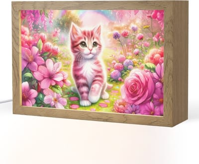 Nachtlampje 30x20 cm - Kinder lampje - Kitten - Roze - Kat - Regenboog - Bloemen - Tafellamp kinderkamer - Slaapkamer lamp - Bedlamp kinderen - Kinderlampje stopcontact - Wandlamp babykamer - Nachtlampjes