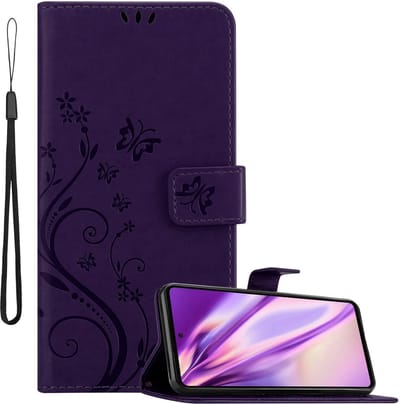 Cadorabo Hoesje geschikt voor Samsung Galaxy A72 4G / 5G in BLOEMEN DONKER PAARS - Beschermhoes in bloemmotief met magnetische sluiting, standfunctie en kaartsleuven Book Case Cover Etui