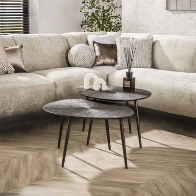 PS-Collection Salontafel Set van 2 Ray - Organisch - Bruin - Metaal - 76x61x43 cm - salontafels, salontafels rond, salontafels industrieel, salontafel rond hout metaal, salontafel rond zwart, salontafel vierkant, salontafel hout