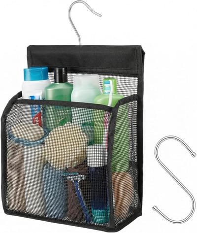 Zwarte Mesh Douche Organizer met Haken, Ideaal voor Badkamer, Gym, College en Reizen, Ruimtebesparende Opbergtas voor Badaccessoires en Toilettas