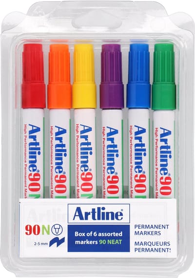 Artline 90 Permanent Marker - Set 6 Stuks - Schuine Punt 2,0-5,0mm - Watervast & Wrijfvast - Hervulbaar - Kleuren