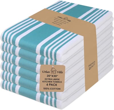 Set van 6 Keukendoeken 100% Katoen - Trendy Strepen - Zeer Absorberend - Teal/Wit - 51x76 cm
