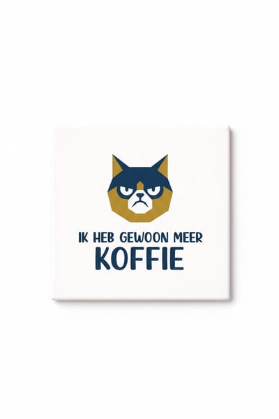 Grappige Chagrijnige Kat Koffie Keramische Tegel – “Ik Heb Gewoon Meer Koffie” Nederlandse Quote – Humoristische Wandtegel Cadeau