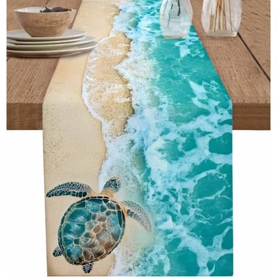 Chemin de table Tortue Marine Décoration de Fête Nautique Tortue Marine Turquoise Vague de Mer Chemin de Table pour Table de Cuisine/Salle à Manger Décorations de Mariage 150x33cm
