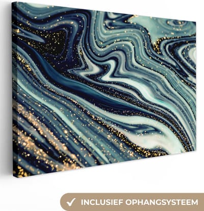 Canvas schilderij 150x100 cm - Wanddecoratie Marmer - Goud - Blauw - Glitter - Marmerlook - Abstract - Muurdecoratie woonkamer - Slaapkamer decoratie - Kamer accessoires - Schilderijen op canvas