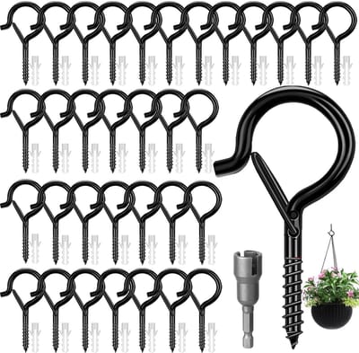 Haken Screw Hooks Stainless Steel Black 36 Pcs Oogschroeven Wijnstok Oogbouten Schroefhaken Zwart met Beveiliging voor Plantenmanden, Vogelhuisjes, Windgongen, Lichtkettingen