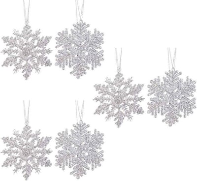 Decoris Kersthangers - 6x - zilver - sneeuwvlok/ster - 12 cm - Sneeuw thema kerstboomhangers