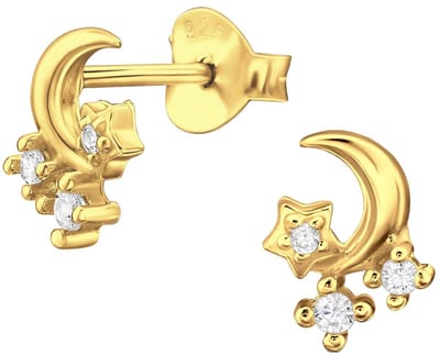 Joy|S - Zilveren maan oorbellen - maan met sterretjes - 6 x 8 mm oorknopjes - zirkonia - sterling zilver 925 - gold plated