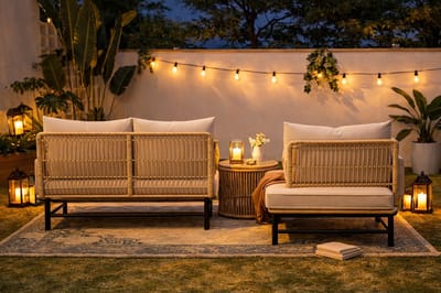 Tuin Loungeset L-Vorm 4 Personen 206x141x67 cm – Rotan Beige met Extra Dikke Witte Kussens – Modulaire Balkon & Terras Lounge Set Weerbestendig – Urbanhome