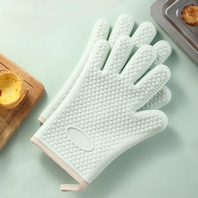 Hittebestendige siliconen handschoenen met vingerhoedjes - Originele hittebestendige handschoenen - Katoenen voering - Geschikt voor grillen, bakken en koken - Groen - Verpakking van 2