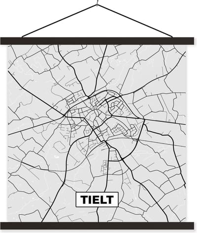 Posterhanger incl. Poster 60x60 cm - Schoolplaat - België – Tielt – Stadskaart – Kaart – Zwart Wit – Plattegrond - Textielposter - Zwarte latten - Stadskaart