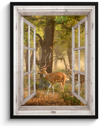 Poster in lijst - Fotolijst 50x70 cm - Posters - Herten - Bos - Herfst - Bosdieren - Natuur - Hert - Doorkijk - Posterlijst zwart - Decoratie - Wanddecoratie woonkamer - Muurdecoratie slaapkamer