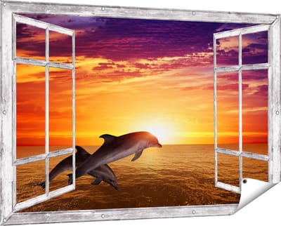Gards Tuinposter Doorkijk Twee Dolfijnen bij de Zonsondergang - 150x100 cm - Tuindoek - Tuindecoratie - Wanddecoratie buiten - Tuinschilderij