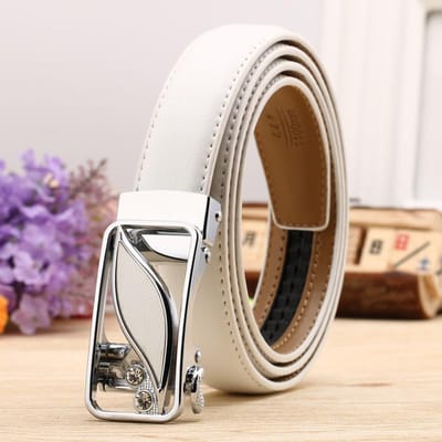 Dames Echte Leren Riem Casual en Veelzijdig Dubbelzijdig Twee Laags Rundleer Lychee Patroon Automatische Gesp Riem 100-125cm gray