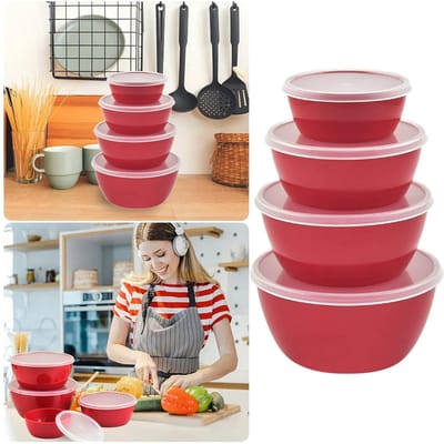 Ronde 4-delige plastic kom Outdoor Draagbare Voedselcontainer Kom Groente Mengkom One Size rood