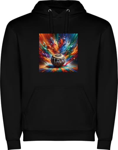 Zwarte unisex hoodie met “ Kleurrijke Trommel – Drum – Muziek – Energie – Muziekinstrument “ Print Full Color Color merk Roly maat S