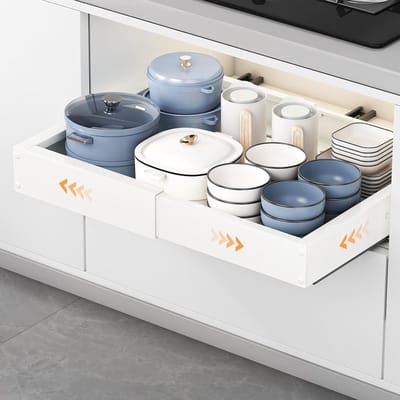 Omgoods- Keukenlade Organizer - Uitklapbaar - Telescopisch - Geen Boren - Onderkast - Witte Keuken Organizer - Instelbare Afmetingen - Ladeorganizer