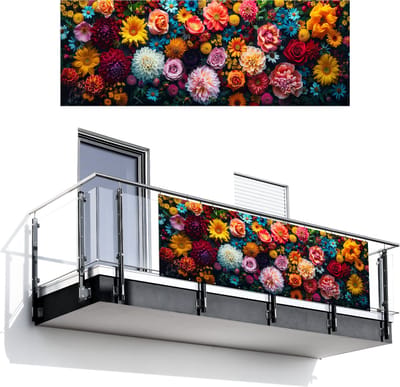 Balkonscherm 300x110 cm - Balkonposter Bloemen - Planten - Kleurrijk - Balkon scherm decoratie - Balkonschermen - Balkondoek zonnescherm