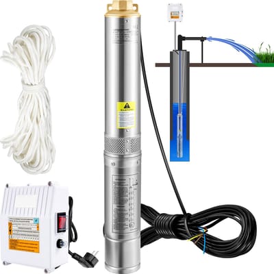 Diepe Bronpomp - Stroom 110L/min - 370W - Maximale Opvoerhoogte van 44 m - met Externe Schakelkast en 20 m Stroomkabel - met Terugslagklep en Filter - IP68 - Voor Regentonnen Reservoirs - Kanalen - Rivieren - Zilver