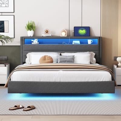 Gestoffeerd bed 160x200 cm met USB-aansluiting en LED-verlichting - dubbelzijdig hoofdeinde - verborgen voeteneinde - grijs - zonder matras