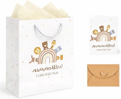 4-delige Cadeauzak Set met Handvat, Geschikt voor Jongens en Meisjes, Babyshower, Papieren Tassen met Handvat, Inpakpapier, Wenskaart en Envelop voor Feestelijke Gelegenheden