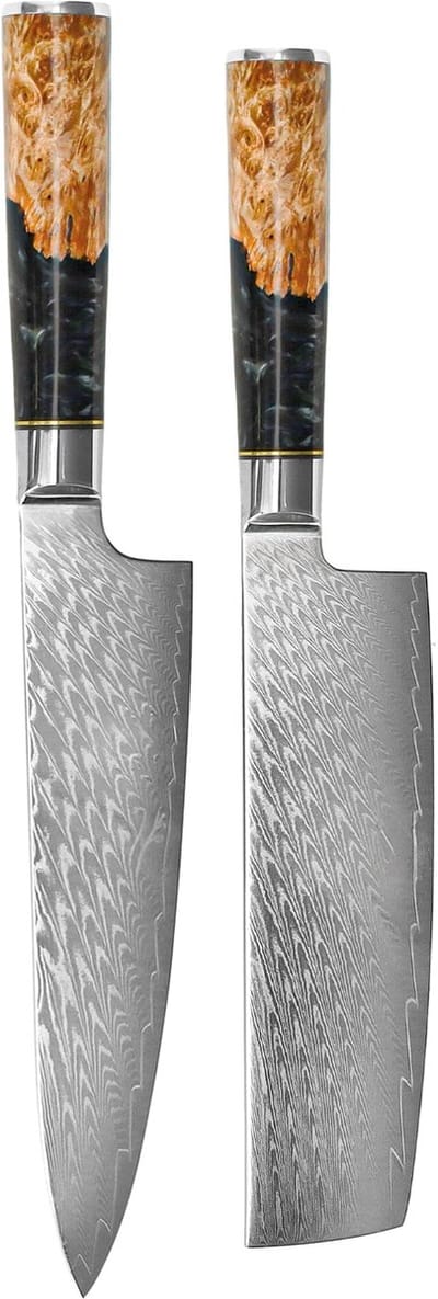 Shinrai Knives - Epoxy Onyx 2-delige Damascus Messenset - Koksmes + Nakiri
