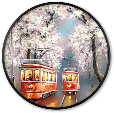 Poster in lijst Rond - Fotolijst 60x60 cm - Posters - Schilderij - Olieverf - Tram - Bloesemboom - Ronde posterlijst zwart - Decoratie - Wanddecoratie woonkamer - Muurdecoratie slaapkamer