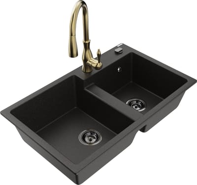 Mexen Tomas granieten gootsteen 2-kamer met keukenkraan Savita, zwart/goud metallic - 6516-75-672601-50-B