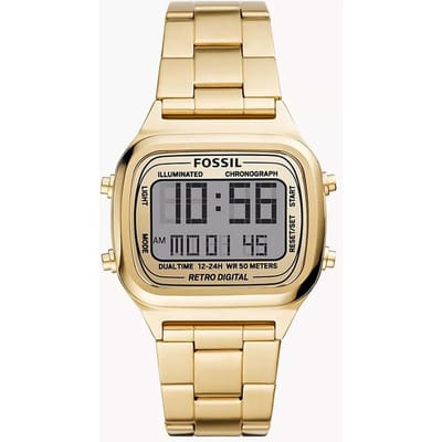 Fossil Retro Digitaal Horloge met Gouden Wijzerplaat en Gouden Stalen Band voor Heren - FS5843 beige