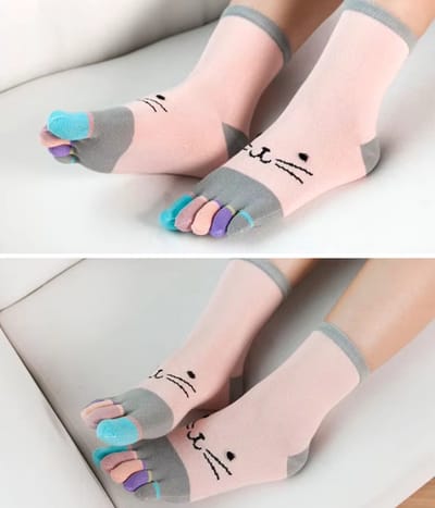 Teen sokken dames - teensokken - toesocks - roze - wit - leuke print kat - ogen - 36-40 - zacht - fitness - pilates - yoga - sport - voor haar - cadeau