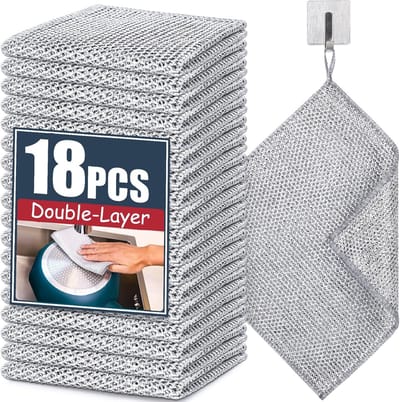 18 Stuks Afwasdoeken - Vaatdoeken van Staaldraad - Draadvaatdoeken(Dubbellaags) - Vaatdoeken - Zilverdraaddoeken - Schoonmaak Doeken - Schuursponsje - Herbruikbare - Multifunctionele Draadafwasdoek voor nat en droog - Niet-Krasbare Draadvaatdoek