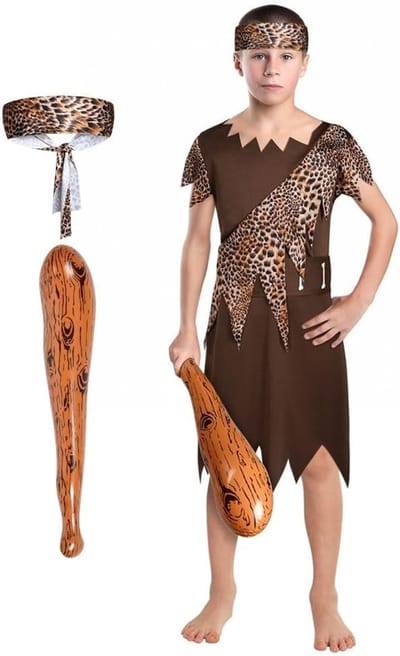 Thema Kostuum voor Kinderen - Steentijd Kostuum met Riem en Print voor Halloween en Feestjes in Donkerbruin