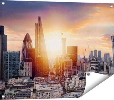 Gards Tuinposter Londen Stad bij Zonsopgang - 80x60 cm - Tuindoek - Tuindecoratie - Wanddecoratie buiten - Tuinschilderij